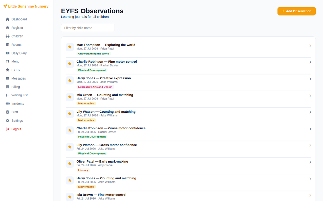 EYFS learning journal observations screen