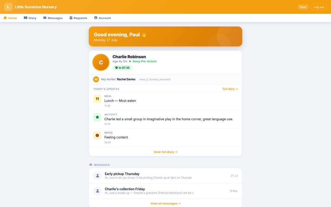Parent portal showing a child's daily updates and messages